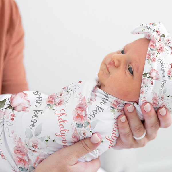 PINK FLORAL BABY Girl Swaddle Blanket Set, Hospital Swaddle Custom Infant Headband, Pink Baby Name Blanket and Beanie, Infant Girl Baby Gift