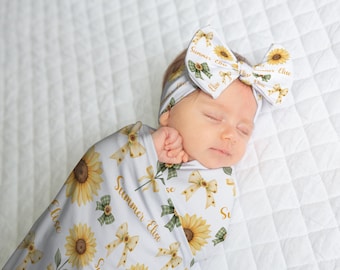 Personalized Sunflower Baby Gown and Bow Set, Floral Newborn Coming Home Outfit