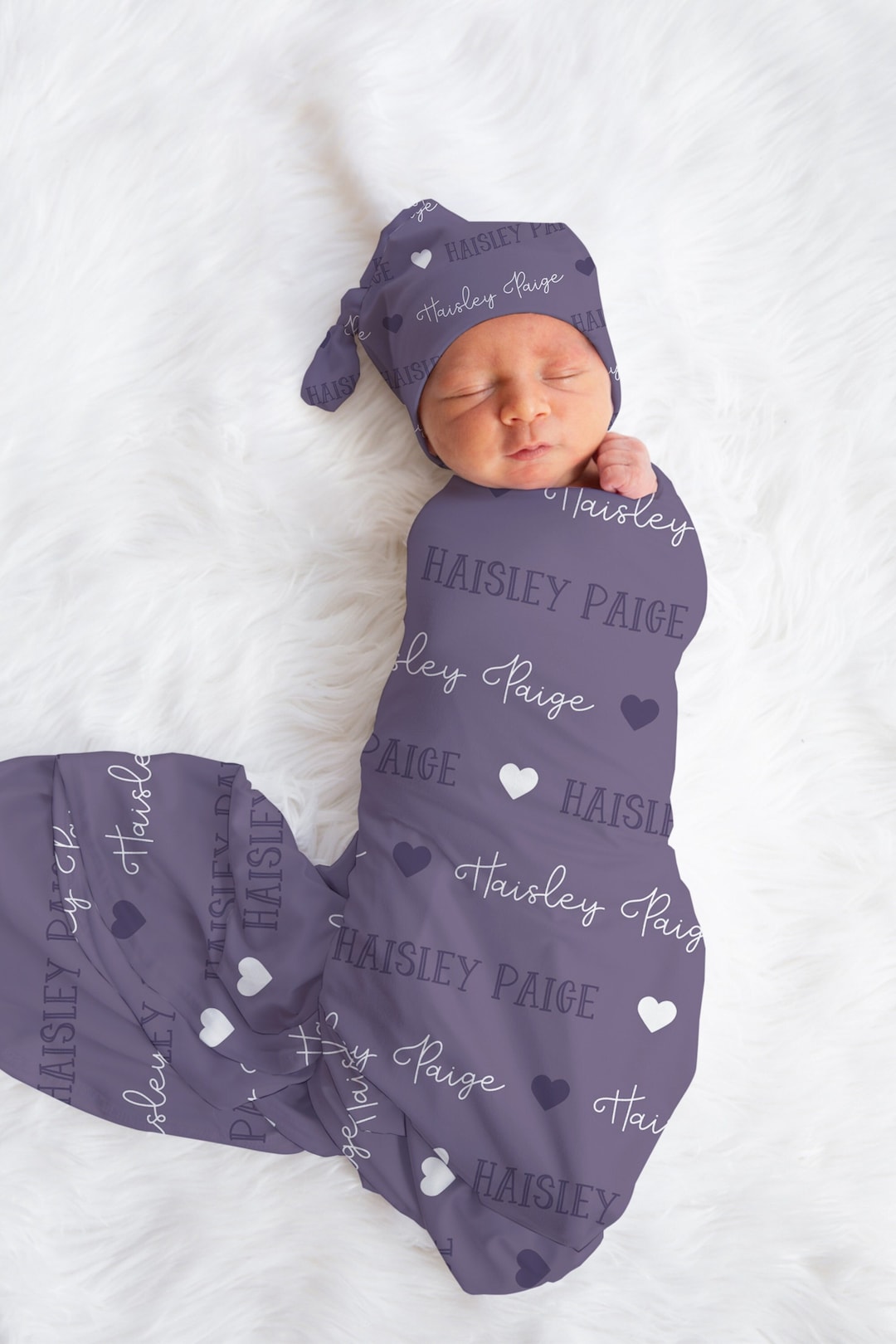 Purple Heart Swaddle Blanket With Custom Name, Personalized Baby Gift