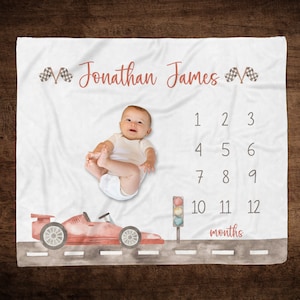 Race Car Milestone Blanket, Personalized Red Race Car Baby Milestone, Baby Boy Growth Blanket, Racing Theme Blanket, Custom Name Baby Gift