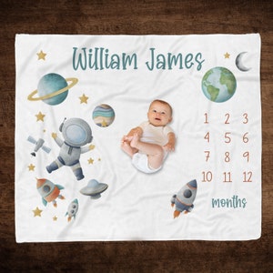 BABY BOY Personalized Space Milestone Blanket, Astronaut Baby Milestone Blanket, Boy Month Blanket, First Year Baby Growth Blanket, Boy Gift