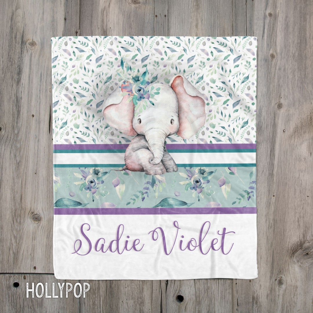 Baby Girl Elephant Blanket, Purple Floral Elephant Girl Blanket, Custom