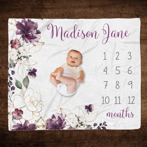 Purple Gold Floral Baby Milestone Blanket Girl, Personalized Girl Blanket, Track Baby Growth, Monthly Growth Blanket, Baby Girl Blanket