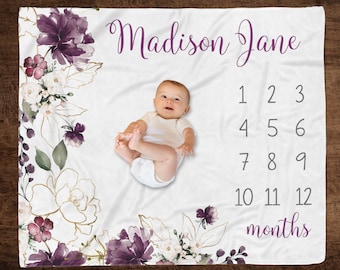 Purple Gold Floral Baby Milestone Blanket Girl, Personalized Girl Blanket, Track Baby Growth, Monthly Growth Blanket, Baby Girl Blanket