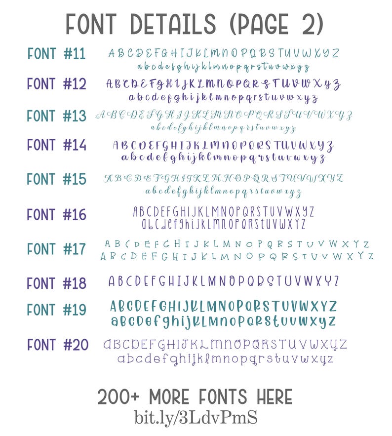 May include: A page displaying font details, showcasing different font styles numbered 11 to 20. Each font includes uppercase and lowercase letters. The text "200+ MORE FONTS HERE" and a URL are at the bottom.