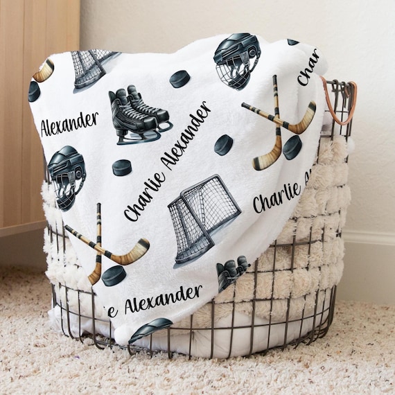 PERSONALIZED ICE HOCKEY Blanket, Baby Boy Hockey Blanket, Hockey Stick Puck Blanket, Custom Toddler Boy Name Blanket, Hockey Theme Nursery