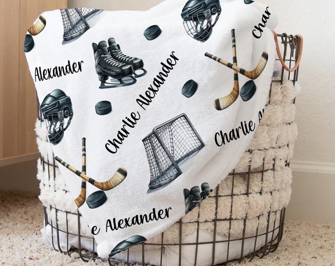 PERSONALIZED ICE HOCKEY Blanket, Baby Boy Hockey Blanket, Hockey Stick Puck Blanket, Custom Toddler Boy Name Blanket, Hockey Theme Nursery