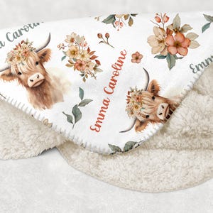 GIRL HIGHLAND COW Baby Blanket, Floral Highland Cow Personalized Blanket, Toddler Girl Birthday Gift Farm Nursery Newborn Blanket, Baby Gift image 6