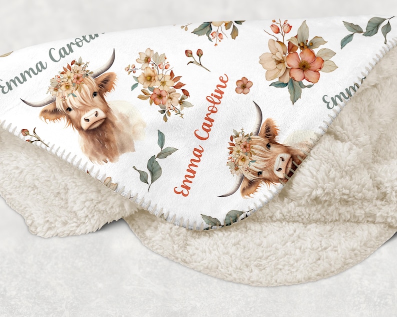GIRL HIGHLAND COW Baby Blanket, Floral Highland Cow Personalized Blanket, Toddler Girl Birthday Gift Farm Nursery Newborn Blanket, Baby Gift image 6