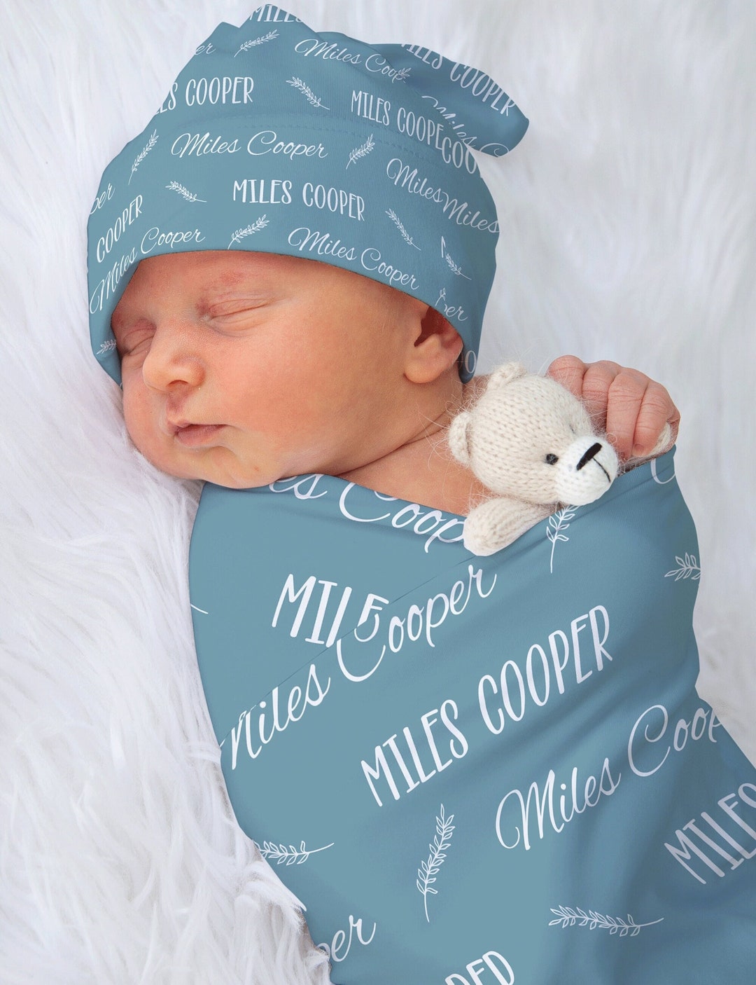 Blue Baby Name Swaddle Blanket Set, Baby Name Knotted Beanie Hat, Baby