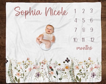 WILDFLOWER BABY GIRL Milestone Blanket, Baby Girl Growth Blanket Wildflowers, Personalized Baby Month Blanket, Wildflower Newborn Baby Gift