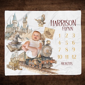 PERSONALIZED WIZARD BABY Milestone Blanket, Custom Baby Growth Blanket, Monthly First Year Milestone, Wizard Train Castle Baby Shower Gift