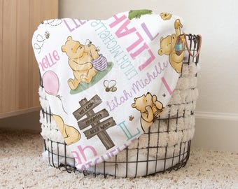 Personalized Classic Pooh Baby Girl Blanket, Custom Honey Bear Baby Name Blanket, Newborn Girl Baby Shower Gift, Storybook Nursery