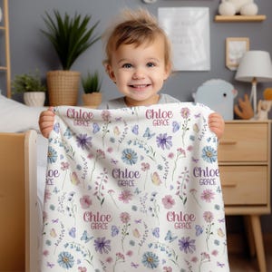 BABY GIRL WILDFLOWER Blanket, Pink Purple Wildflower Baby Blanket, Personalized Baby Name Blanket, Baby Shower Gift Wildflower Gift for Girl image 3