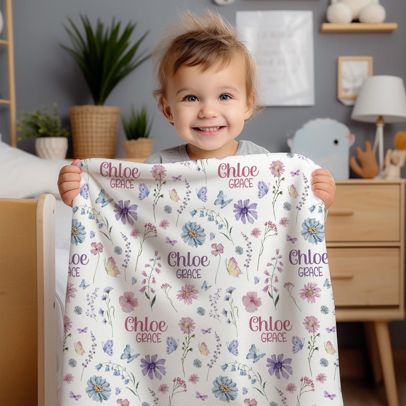 BABY GIRL WILDFLOWER Blanket, Pink Purple Wildflower Baby Blanket, Personalized Baby Name Blanket, Baby Shower Gift Wildflower Gift for Girl image 3