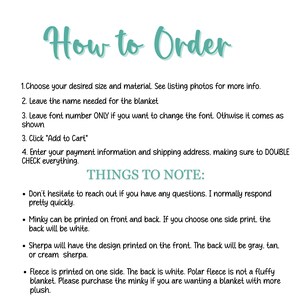 May include: White background with the text "How to Order" in teal script. Instructions include choosing size and material, providing a name, and font number. Additional notes about blanket materials like minky, sherpa, and fleece are also included.