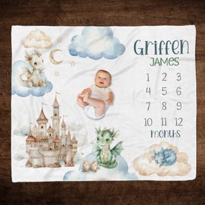 CUSTOM DRAGON BABY Milestone Blanket, Baby Boy Dragon Milestone, Baby One Year Growth, Month Photo Blanket, Dragon Baby Gift, Boy Milestone