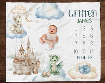 CUSTOM DRAGON BABY Milestone Blanket, Baby Boy Dragon Milestone, Baby One Year Growth, Month Photo Blanket, Dragon Baby Gift, Boy Milestone
