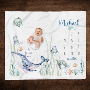 Under the Sea Baby Milestone Blanket, Whale Baby Blanket, Ocean Nursery, Boy Milestone, Track Baby Growth, Personalized Boy Growth Blanket