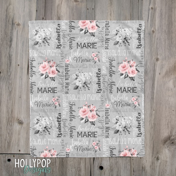 Pink Gray Floral Rose Baby Name Blanket, Baby Girl Pink Flower Blanket, Personalized Girl Baby Blanket, Pink Roses Baby Gift, Baby Girl Gift