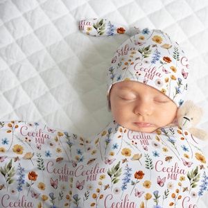 PERSONALIZED SWADDLE BLANKET, Baby Girl Wildflower Swaddle, Flowers Butterflies Swaddle, Baby Girl Headband, Newborn Girl Floral Baby Gift