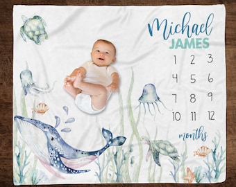 Under the Sea Baby Milestone Blanket, Whale Baby Blanket, Ocean Nursery, Boy Milestone, Track Baby Growth, Personalized Boy Growth Blanket