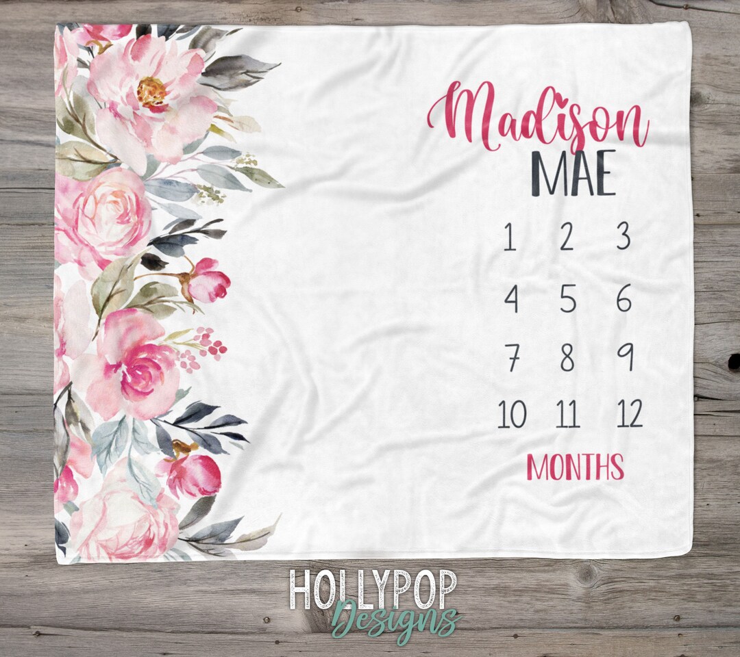 Personalized Baby Girl Growth Blanket, Pink Floral Milestone Blanket