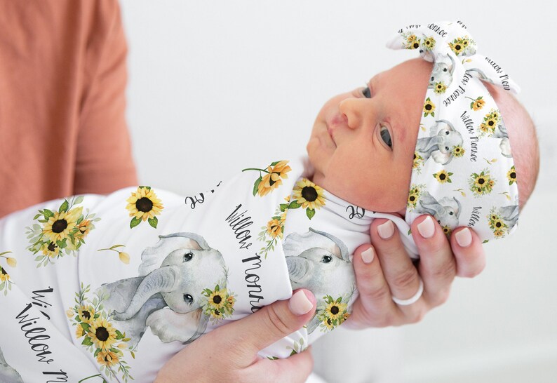 Elephant Sunflower Baby Name Swaddle Set Floral Elephant Etsy