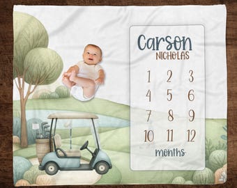 GOLF MILESTONE BLANKET Baby Boy Personalized Golf Blanket, Infant Boy Golf Month Blanket, Baby Growth Blanket Golf Nursery, Baby Shower gift
