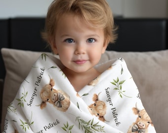 HIGHLAND COW BABY Blanket, Baby Boy Cow Blanket, Farm Theme Nursery Baby Gift, Infant Boy Personalized Blanket, Farm Animal Baby Shower Gift