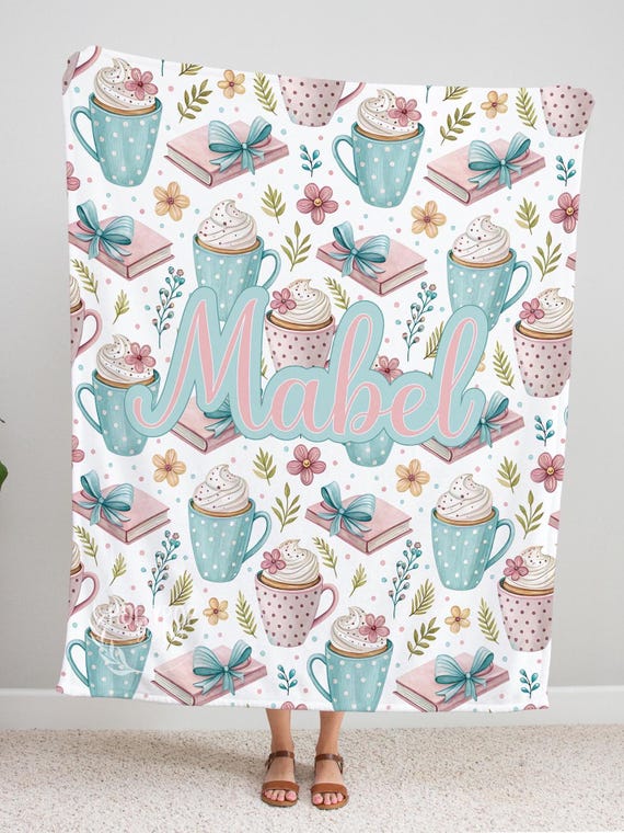 Personalized Bookish Blanket, Books and Coffee Design, Gift for Teen Girl