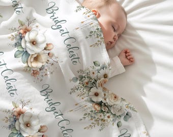 Personalized Floral Name Blanket, Baby Girl Custom Blanket, Newborn Girl Gift, Boho Floral Throw Blanket, Fleece Minky or Sherpa