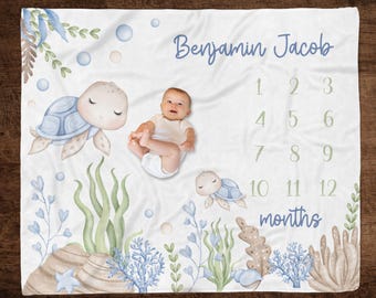 SEA TURTLE MILESTONE Blanket, Blue Under The Sea Ocean Baby Growth Blanket, Baby Boy Personalized Turtle Month Blanket, Newborn Boy Keepsake