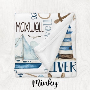 Baby Boy Personalized Nautical Blanket, Sailboat Anchor Baby Blanket, Custom Name Baby Boy Gift, Nautical Swaddle Blanket, Nautical Minky afbeelding 7