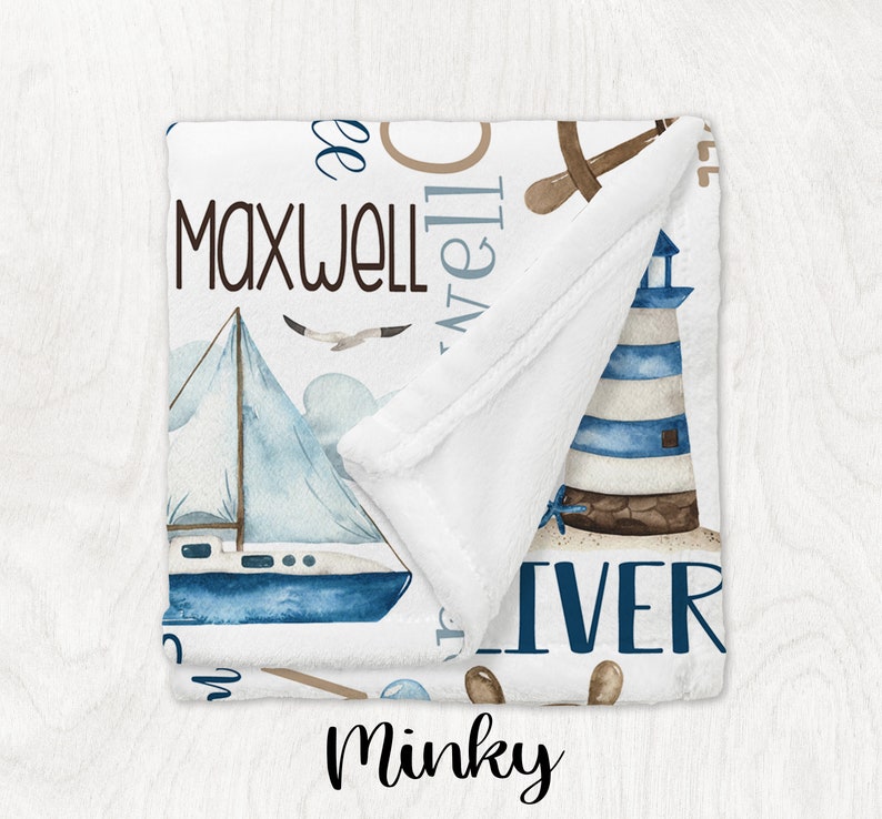 Baby Boy Personalized Nautical Blanket, Sailboat Anchor Baby Blanket, Custom Name Baby Boy Gift, Nautical Swaddle Blanket, Nautical Minky afbeelding 7