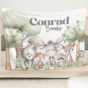 CUSTOM WOODLAND BABY Blanket, Baby Boy Name Blanket, Personalized Woodland Animals Nursery Crib Blanket, Baby Shower Gift, Toddler Boy Gift
