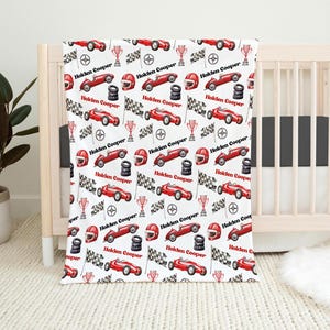 RED RACE CAR Baby Blanket, Racing Nursery Baby Boy Gift, Personalized Race Car Blanket, Toddler Boy Blanket, Boy Racecar Custom Name Blanket