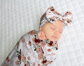 Personalized Peach Floral Baby Name Swaddle Blanket, Girl Swaddle Headband Set, Floral Baby Swaddle Knotted Hat Set, Girl Baby Shower Gift