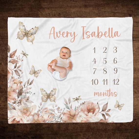 BOHO GIRL MILESTONE Blanket, Boho Floral Butterfly Baby Month Blanket Baby Girl Butterfly Gift Baby Growth Blanket Custom Keepsake Baby Gift
