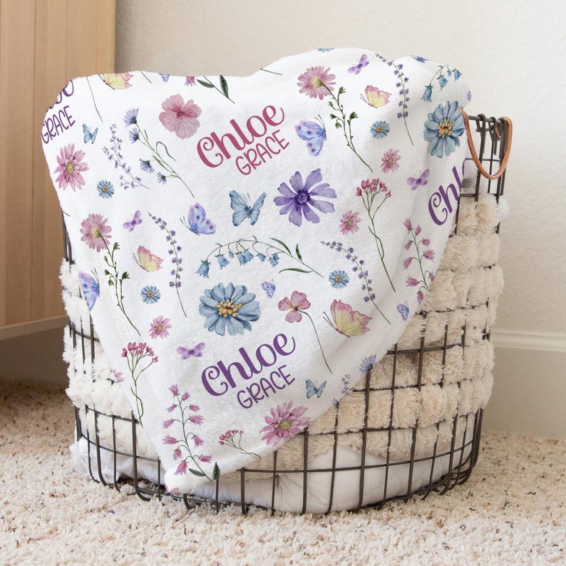 BABY GIRL WILDFLOWER Blanket, Pink Purple Wildflower Baby Blanket, Personalized Baby Name Blanket, Baby Shower Gift Wildflower Gift for Girl image 4