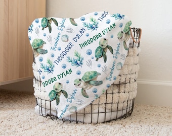 Personalized Sea Turtle Baby Blanket, Custom Name, Under the Sea Nursery, Fleece Minky or Sherpa