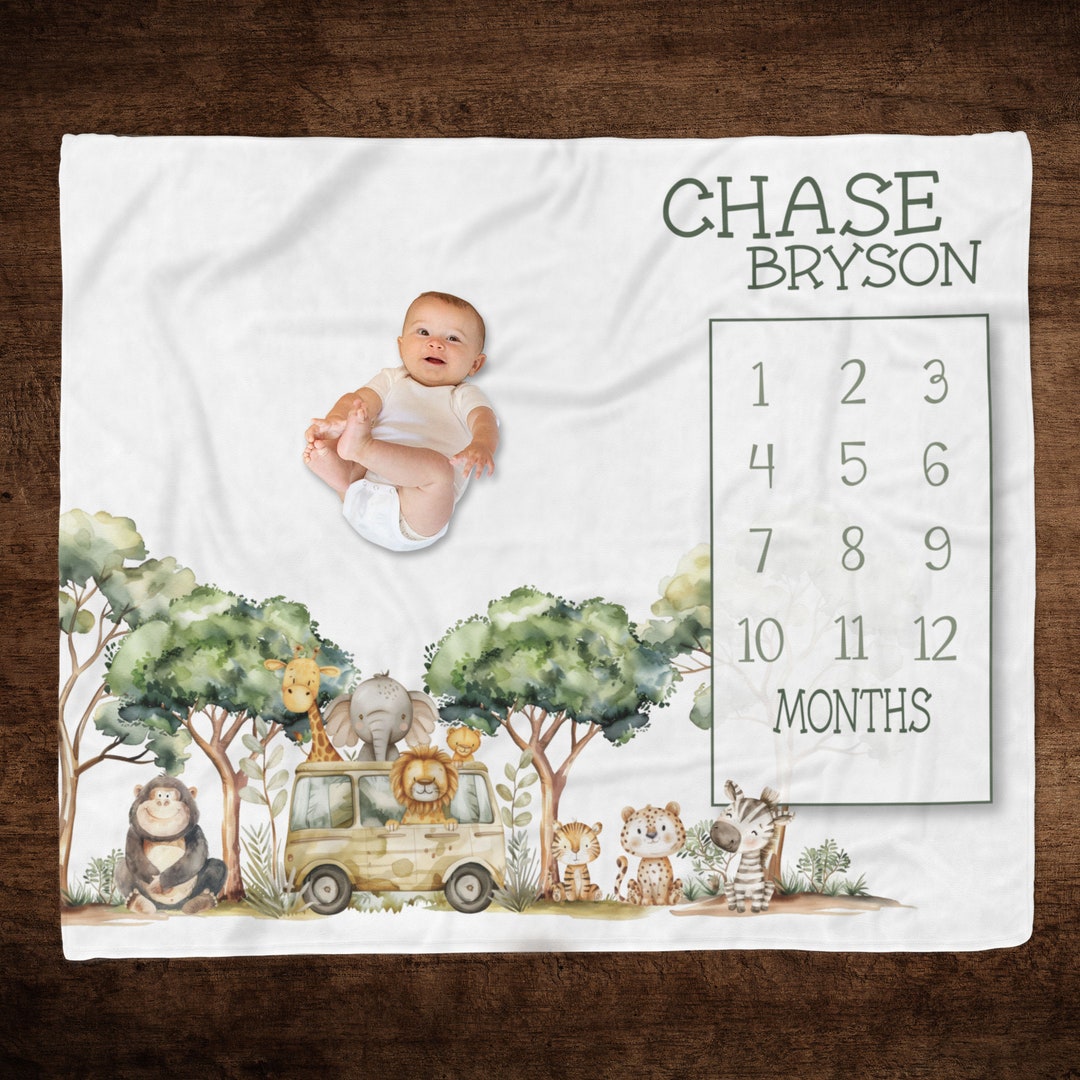 Personalized Safari Animal Milestone Blanket, Baby Boy Month Blanket ...
