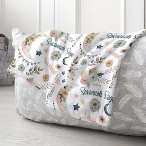 PERSONALIZED BOHO MOON Blanket, Baby Girl Moon Stars Blanket, Boho Baby Blanket, Floral Moon Baby Name Blanket, Girl Boho Blanket, Baby Gift
