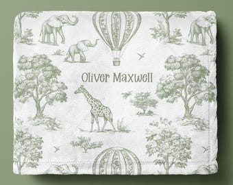 Personalized Safari Baby Blanket, Green Toile, Fleece Minky Sherpa, Multiple Sizes