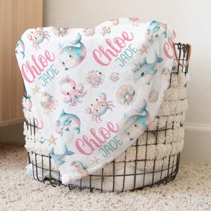 BABY GIRL OCEAN Blanket, Girl Under the Sea Name Blanket Toddler Girl Birthday Gift, Whale Dolphin Blanket, Personalized Sea Animals Blanket
