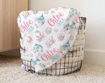 BABY GIRL OCEAN Blanket, Girl Under the Sea Name Blanket Toddler Girl Birthday Gift, Whale Dolphin Blanket, Personalized Sea Animals Blanket