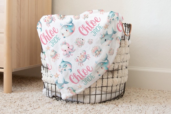 BABY GIRL OCEAN Blanket, Girl Under the Sea Name Blanket Toddler Girl Birthday Gift, Whale Dolphin Blanket, Personalized Sea Animals Blanket