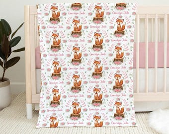 Pink Floral Fox Baby Blanket, Personalized Woodland Blanket