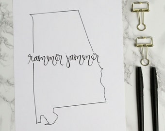 Alabama Rammer Jammer Calligrafia con lettere a mano Stampa contorno stato - Arte della parete - Decorazioni per la casa - Città natale - Tuscaloosa -Roll Tide -Crimson Tide