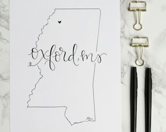 Oxford Mississippi Hand-lettered Calligraphy Print - Wall Art - Home Decor - Hotty Toddy - Rebels - University of Mississippi - Game Day